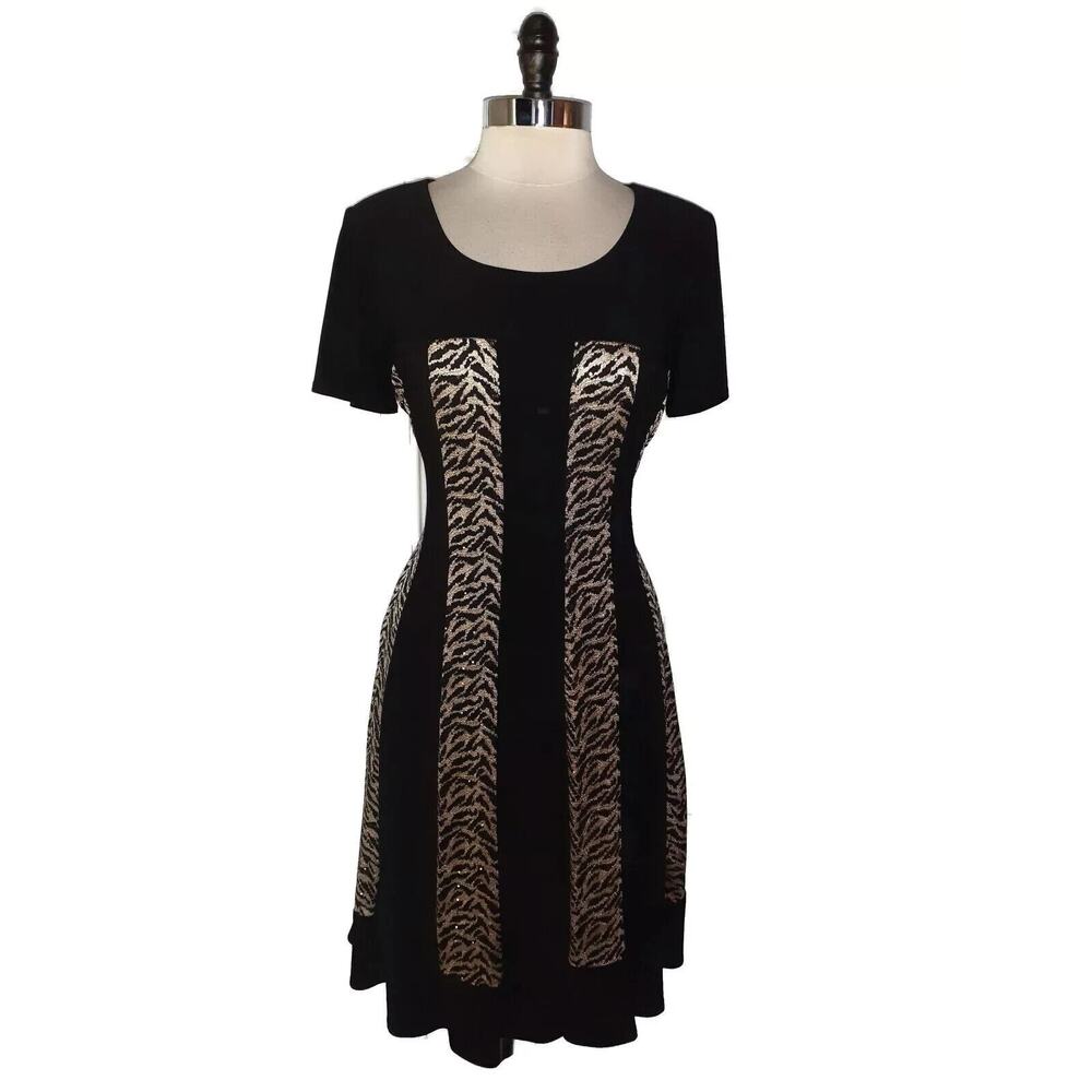 R&M RICHARDS Midi Dress Black Gold Metallic Shimmery Stretch Jersey Event 18W